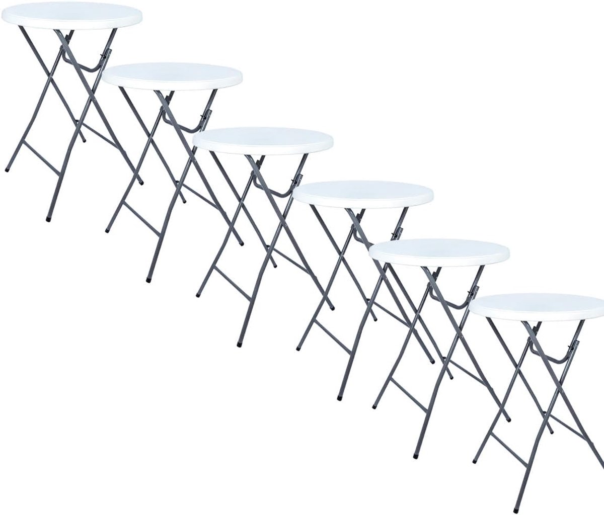 Wit/Grijs – Ø80 x 110 cm – Set van 6 – Staantafel – Partytafel – Bartafel – Voor Binnen en Buiten – Vouwtafel – Inklapbaar – Kunststof en Metaal
