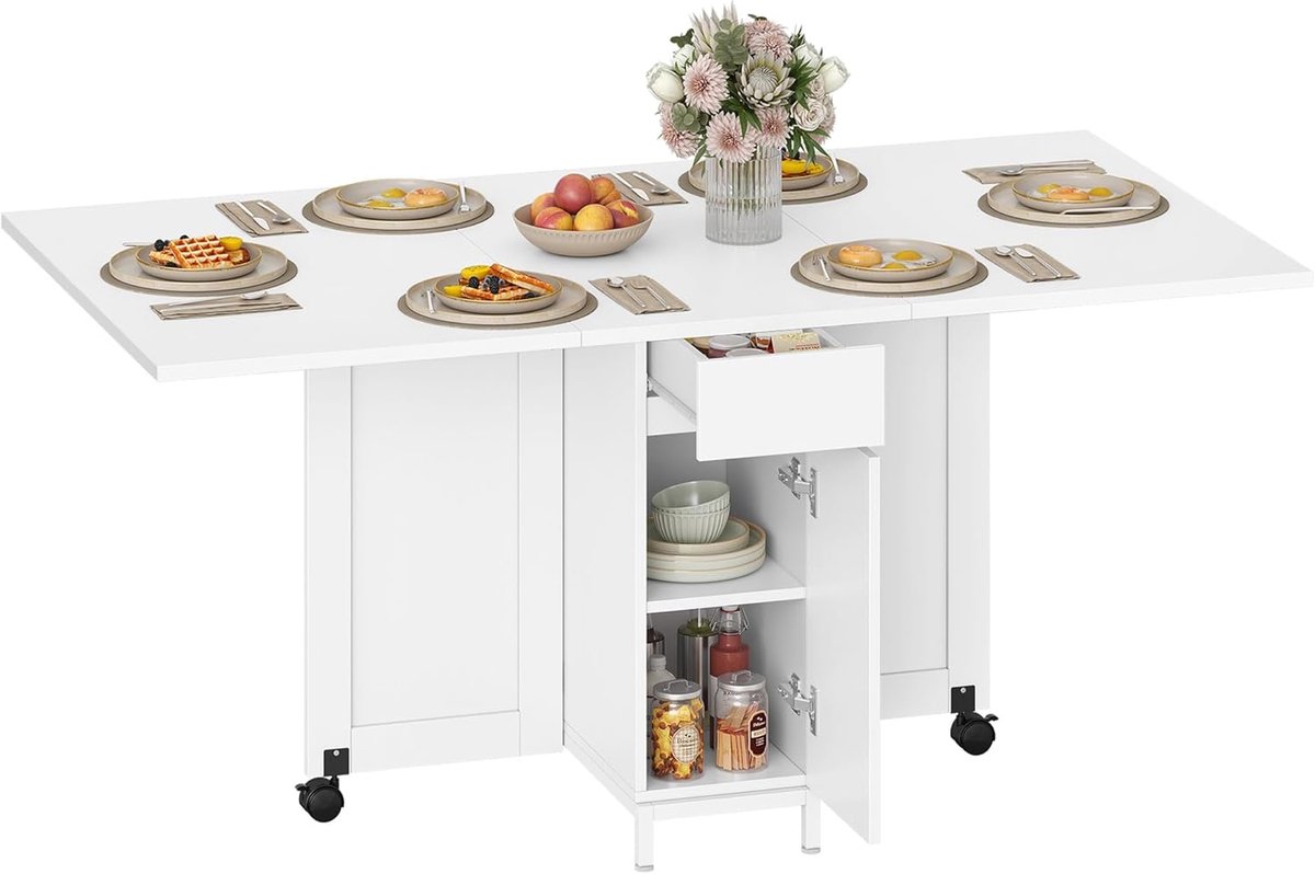 Opklapbare Eettafel, Opklapbaar Paneel met Wielen, Multifunctionele Opklapbare Tafel, Voorzien Van Lades, Kastjes en Twee Open Schappen, Wit, KT14003W