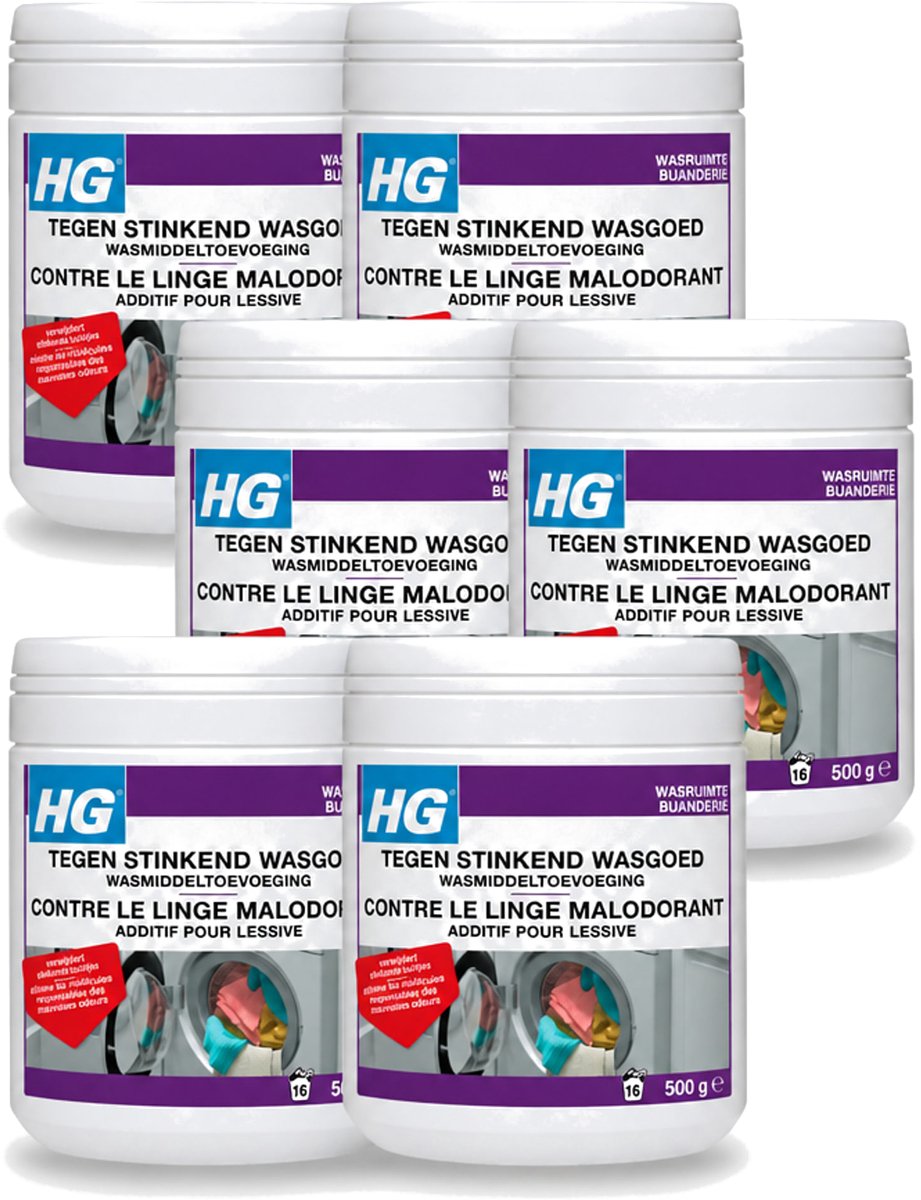 6 x HG - Wasruimte - Tegen Stinkend Wasgoed - Wasmiddeltoevoeging - 500 g - Voordeelverpakking - 6 stuks