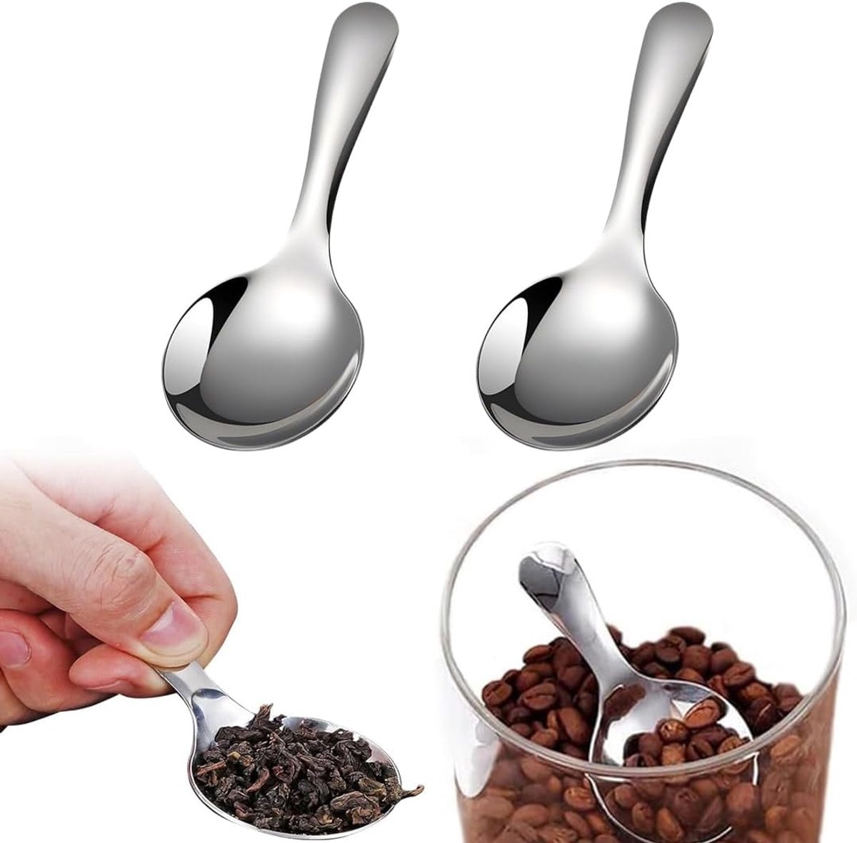 Koffielepels met korte handgrepen, maatlepel, ergonomische handgreep, gepolijste lepel met spiegel, robuust, voor thee, dessert, cake en salade, zilver