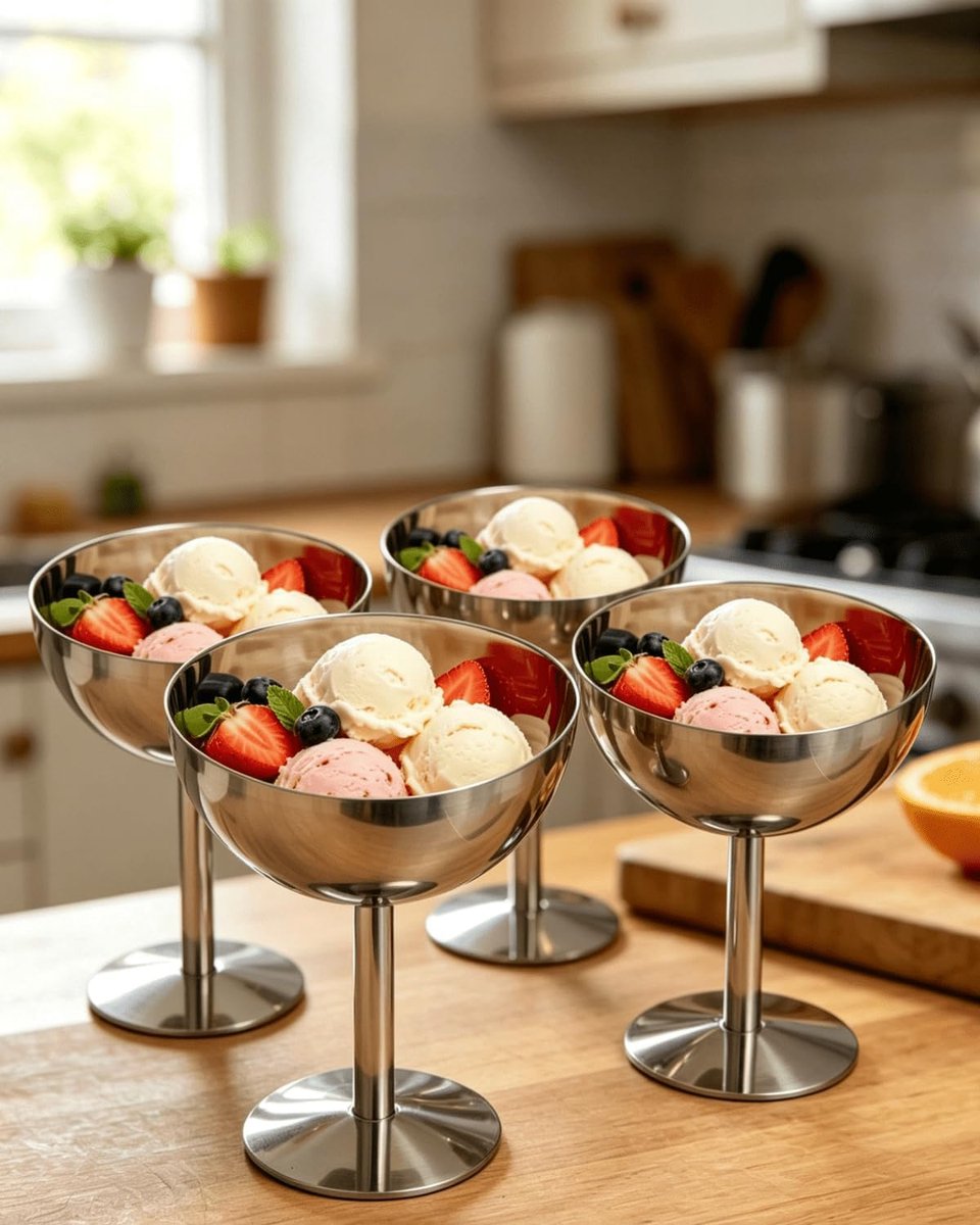 IJsbeker met roestvrijstalen voet, dessertserveerschaal met stabiele bodem voor cocktails, feesten, familiefeesten, vaatwasmachinebestendig, hoogglans gepolijst, 200 ml