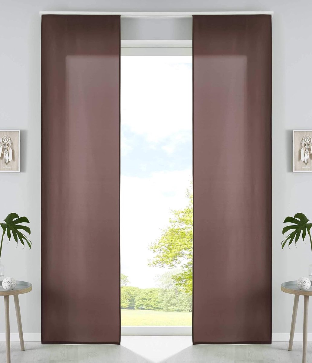 Set van 2 schuifgordijnen, paneelgordijnen, microvezel gordijn, schuifgordijn H x B 245 x 60 cm, bruin, mat paneelwagen, verzwaringsstangen, 85600N2