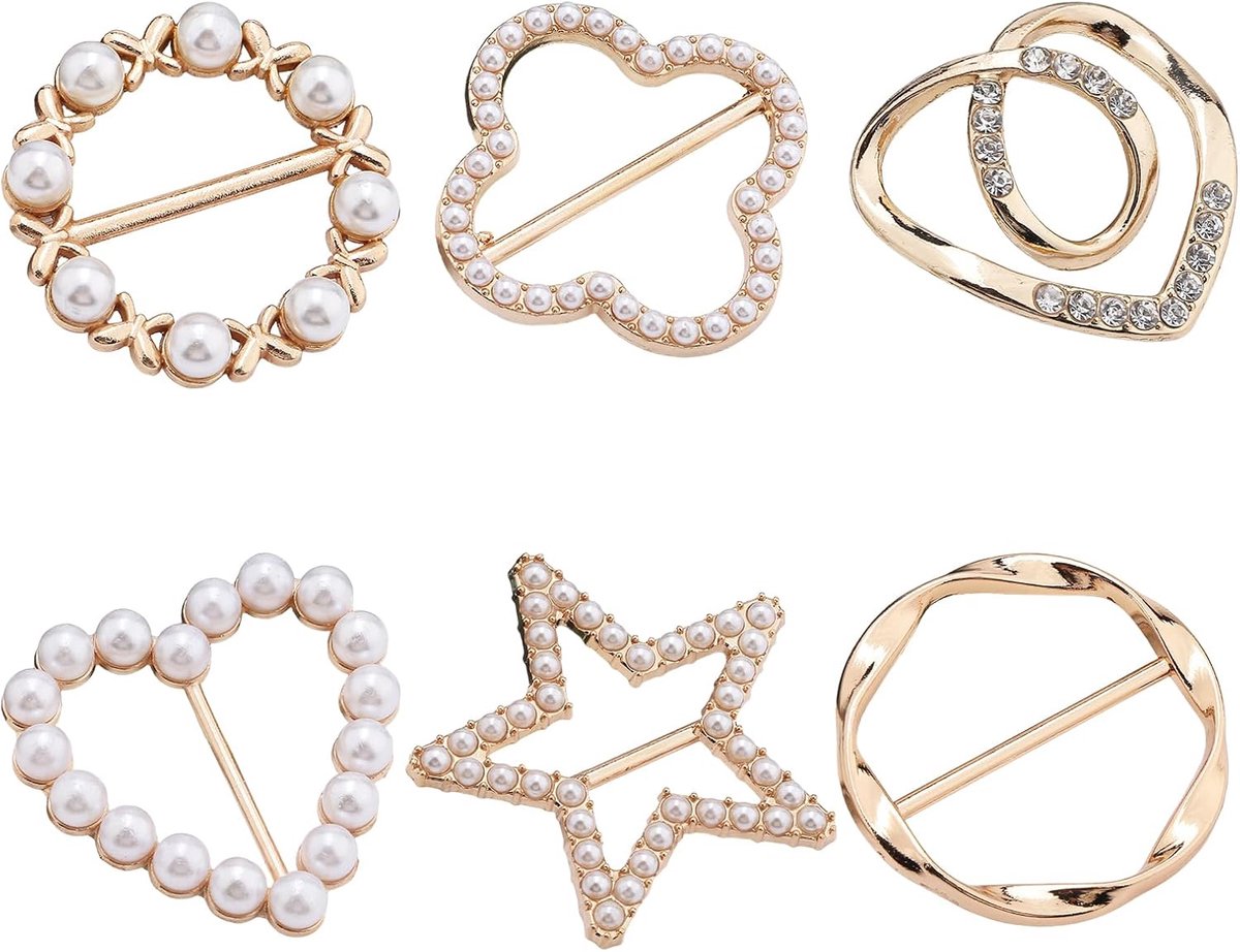 6 stuks T-Shirt Clip Dames Goud - Elegante broches voor kleding & sjaalring Set - Veelzijdige kledingclips voor T-shirts, sjaals & jurken - Modieuze taille pin & opzetspelden