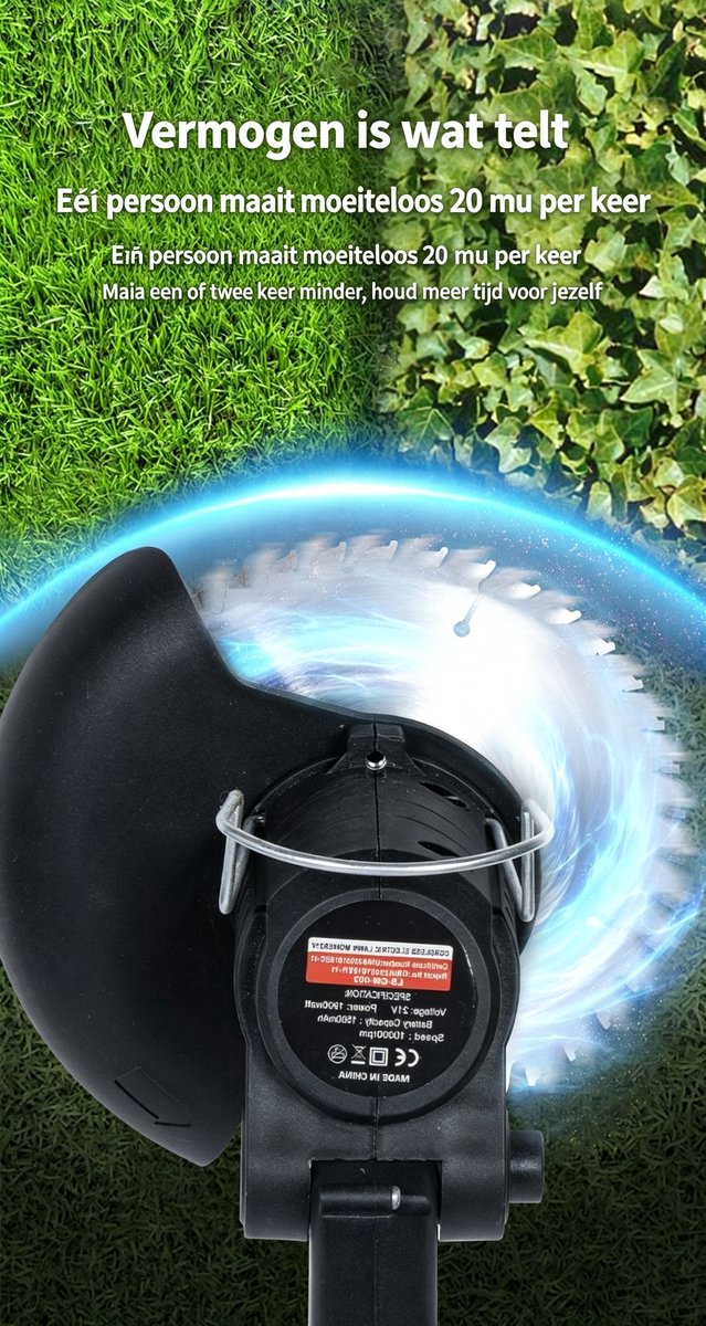 21V Draadloze Elektrische Grasmaaier Trimmer Lichtgewicht werkt op accu inclusief accu geschikt voor het maaien van gazon tuin en terras (Zwart) 85*16*8cm — afbeelding 4