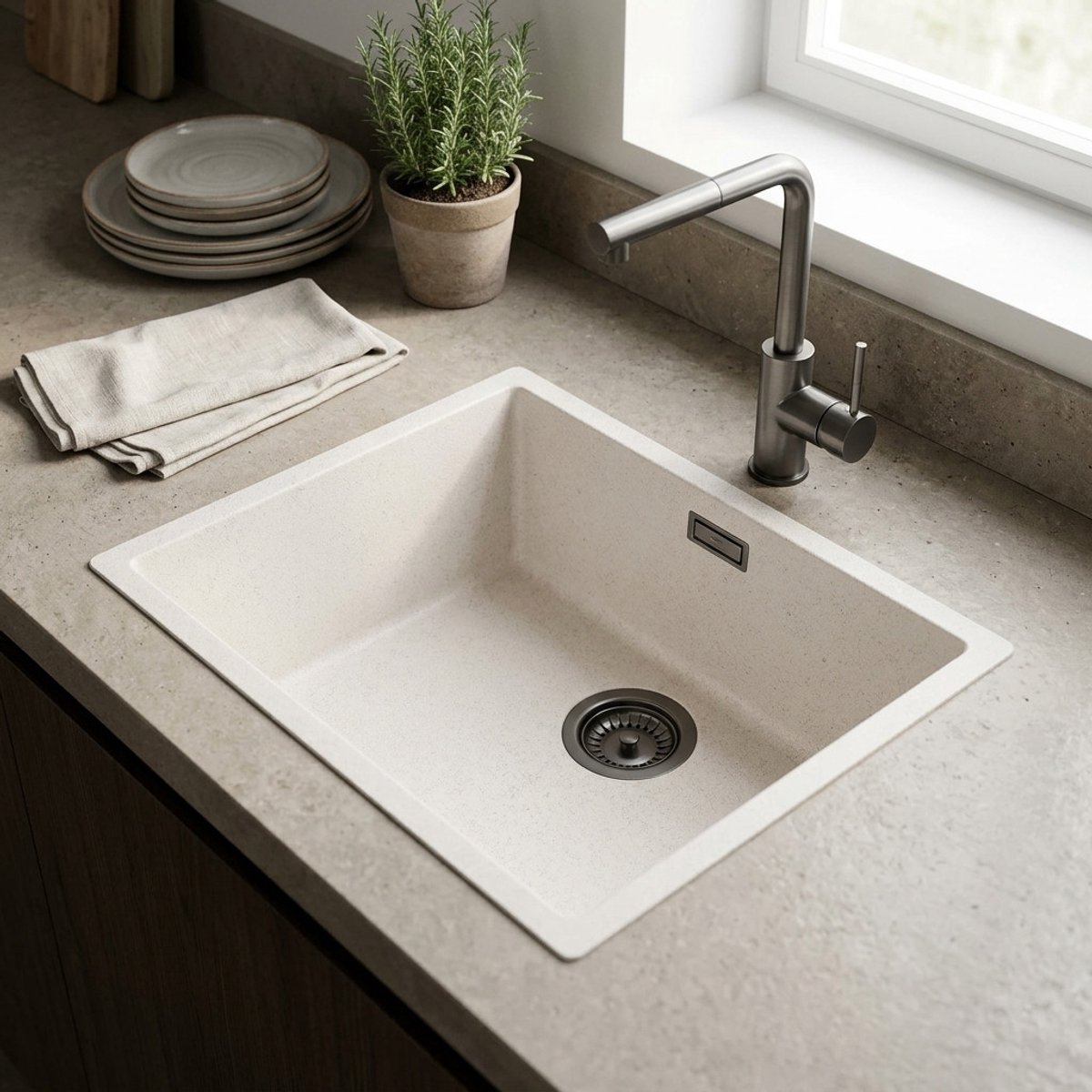 Spoelbak 50x40 cm zand wit onderbouw, opbouw Pure.Sink