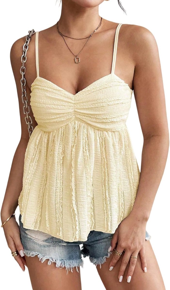 Vesttops voor vrouwen, UK zomer Sweetheart hals mouwloos cami top sexy ruches spaghettiband kant tank top schattig peplum babydoll-hemdje blouse casual rugvrij uitgaan tops voor strandfeest