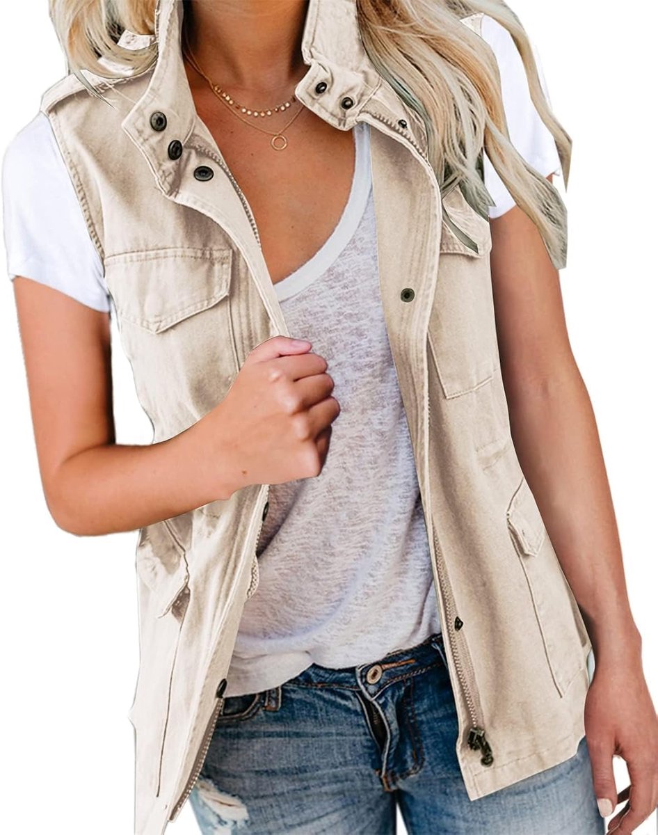 Bela Cargovest voor dames, mouwloos, overgangsparka, jas, kort, met zakken en trekkoord, lente, zomer, vest, bovenkleding