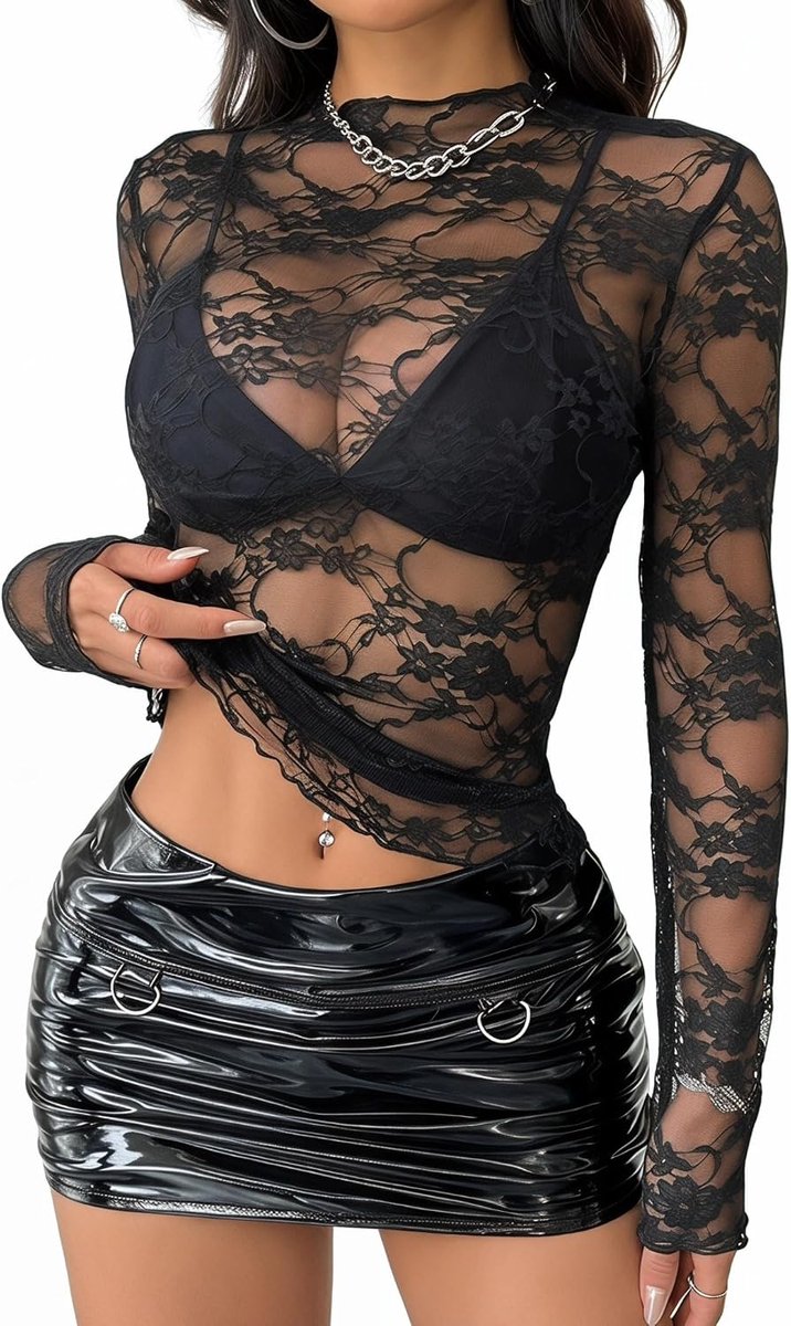 Tops met lange mouwen en kant, Dames festivaloutfits, Dames gothic kleding, Dames mesh tops, Dames feestoutfits, Sexy transparante mesh tops