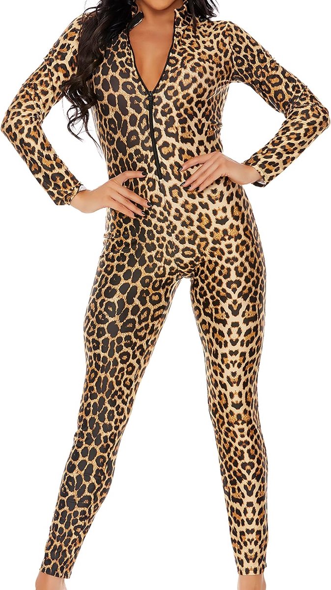 Catsuit met luipaard rits voor dames, Bruin, M/L