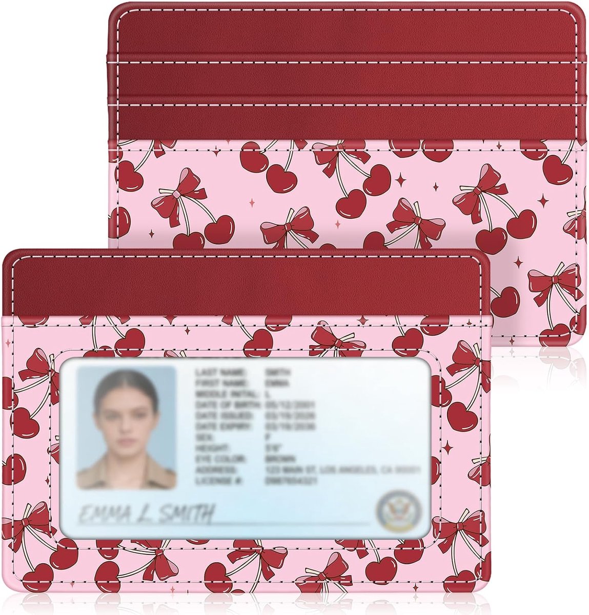 Vlakke portemonnee, kaarthouder voor identiteitskaarten, premium kunstleer, RFID-bescherming, slanke portemonnee met ID-venster en vak voor snelle toegang, voor heren en dames, rode kers