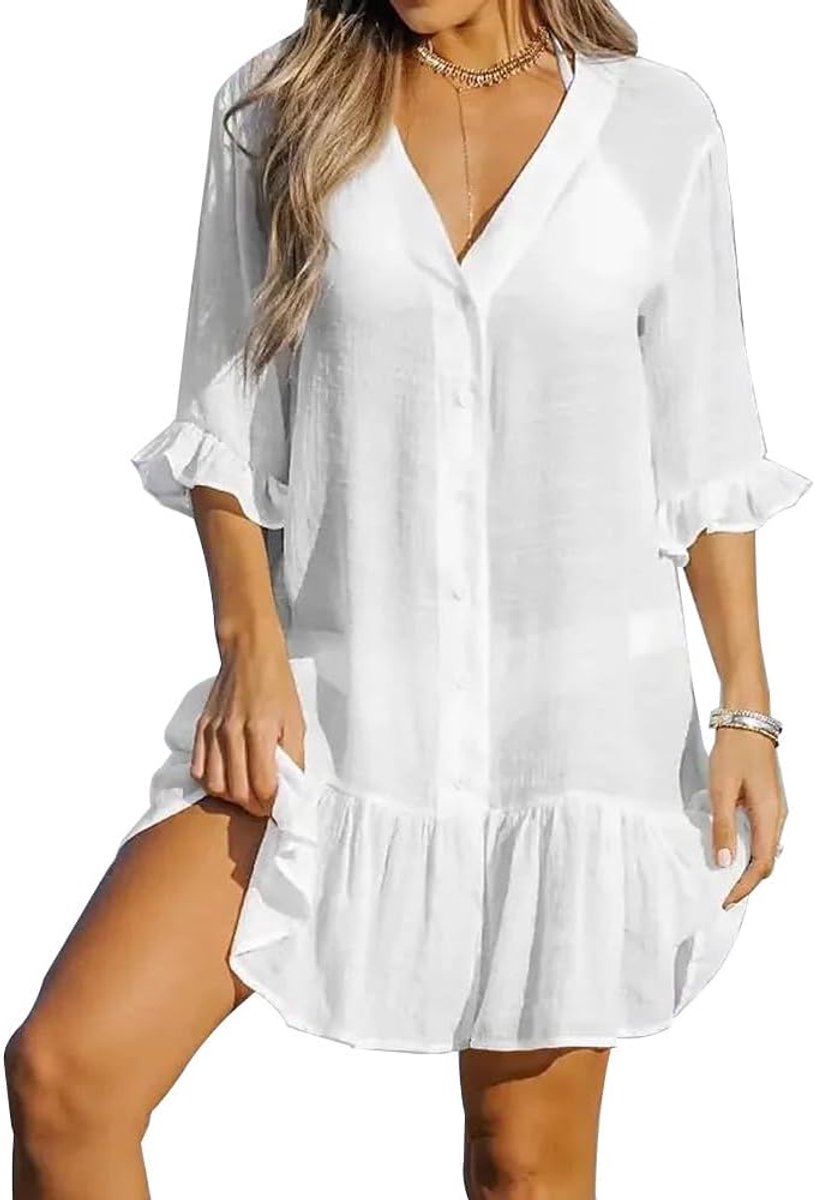 Strandjurk voor dames, strandjurk, casual, bikini, cover-up, zomerstrandjurk, korte mouwen, V-hals, voor strandvakantie
