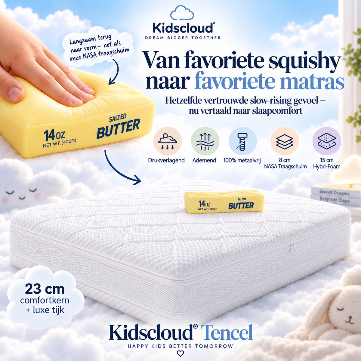 Kidscloud Squishy Tencel Kindermatras 100x200 cm – 23 cm – NASA Traagschuim & Hybri-Foam wit