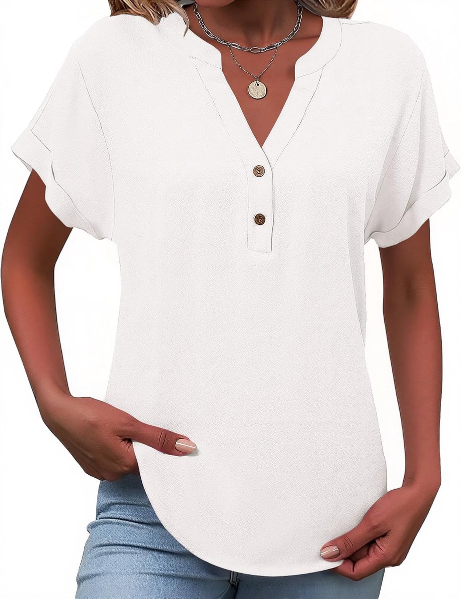 Tops Zomer Linnen Korte Mouw T-Shirt Button Down V-hals Dressy Casual Losse Tuniek Blouses Basic Solid 2025 Trendy Kleding