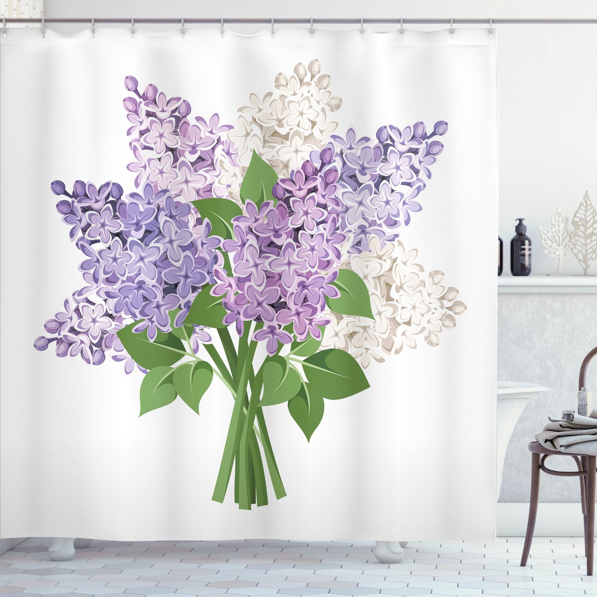 ABAKUHAUS Paars Douchegordijn, Sträußchen van Wiesenblumen, Stoffen Badkamerdecoratieset met Haken, 175 x 200 cm, Meerkleurig