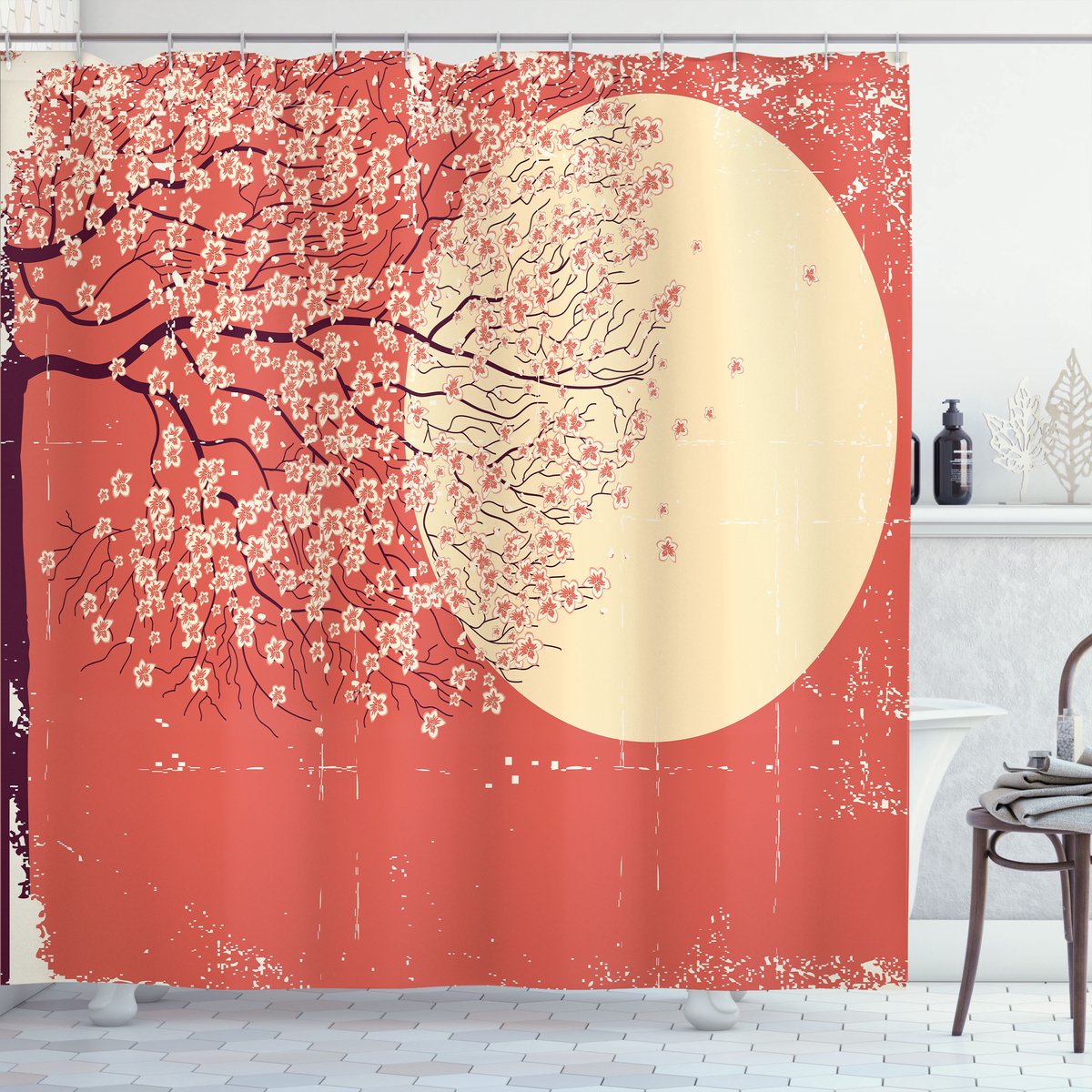 ABAKUHAUS Japans Douchegordijn, Kirsche Sakura-Bloesems, Stoffen Badkamerdecoratieset met Haken, 175 x 240 cm, Lichtgeel Koraalrood Pflaume