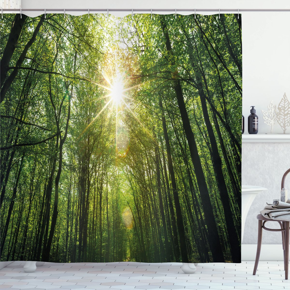 ABAKUHAUS Bos Douchegordijn, Zomer-Boom Untersicht, Stoffen Badkamerdecoratieset met Haken, 175 x 240 cm, Varengroen Geel