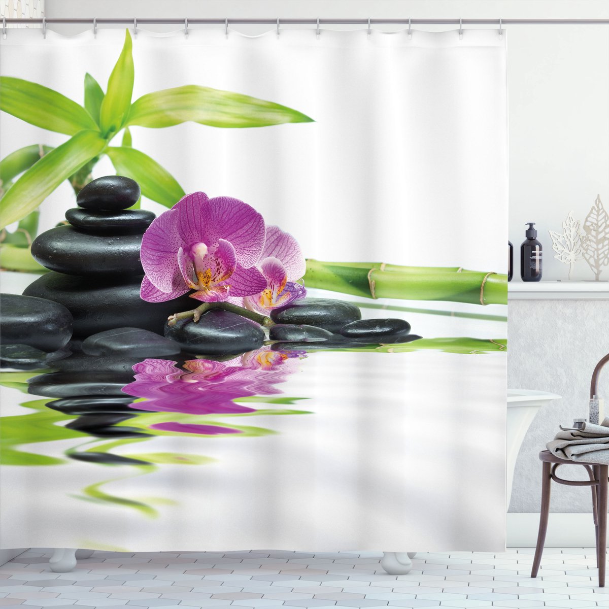 ABAKUHAUS Zen Motief Douchegordijn, Paars Orchidee Bamboe, Stoffen Badkamerdecoratieset met Haken, 175 x 200 cm, Zwart Paars