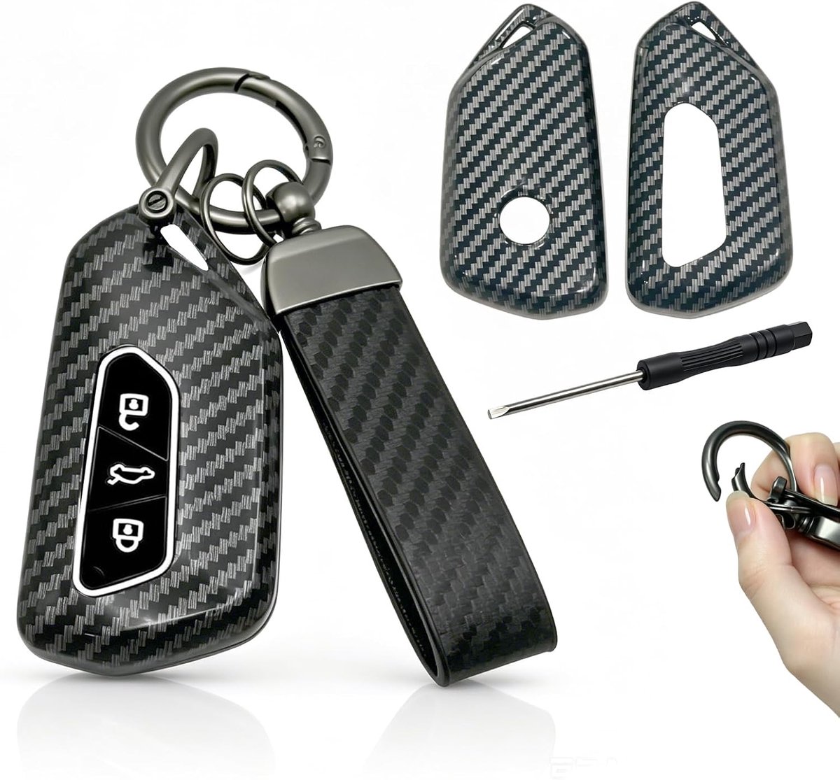 Autosleutelhoes in carbon design met sleutelhanger, geschikt voor compacte en moderne familiemodellen. Bescherm je sleutels op een stijlvolle en robuuste manier.