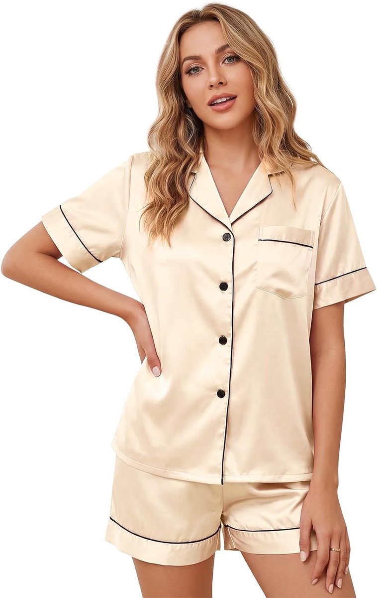 Pyjama voor dames, satijn, pyjamaset, kort, tweedelig, zomer, met knoopsluiting
