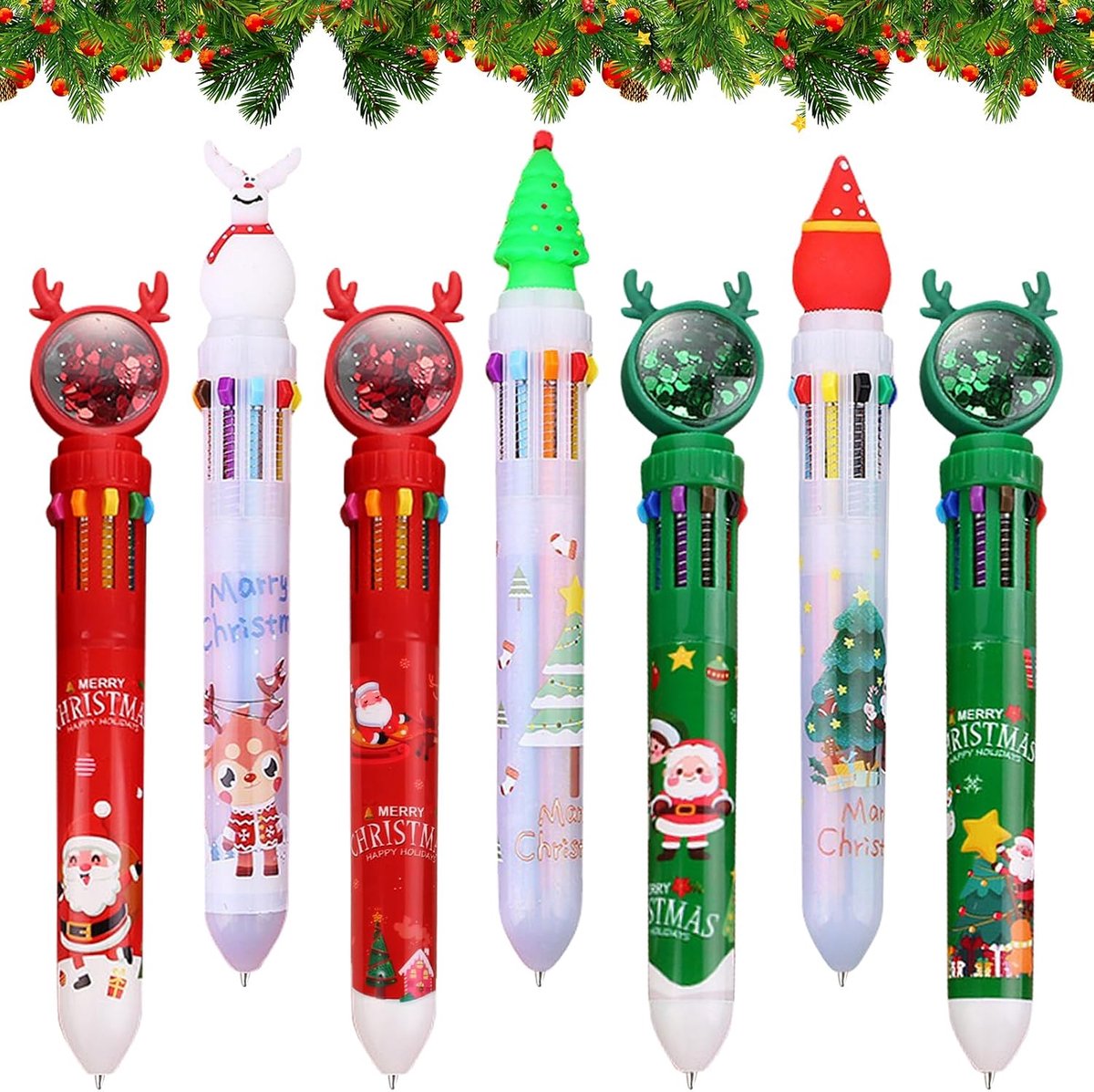 10-in-1 kerstbalpen, 7 stuks, 10 kleuren, meerkleurig, pennen, kerstbalpen, kerstbalpen, veelkleurige balpen, cadeau voor scholieren