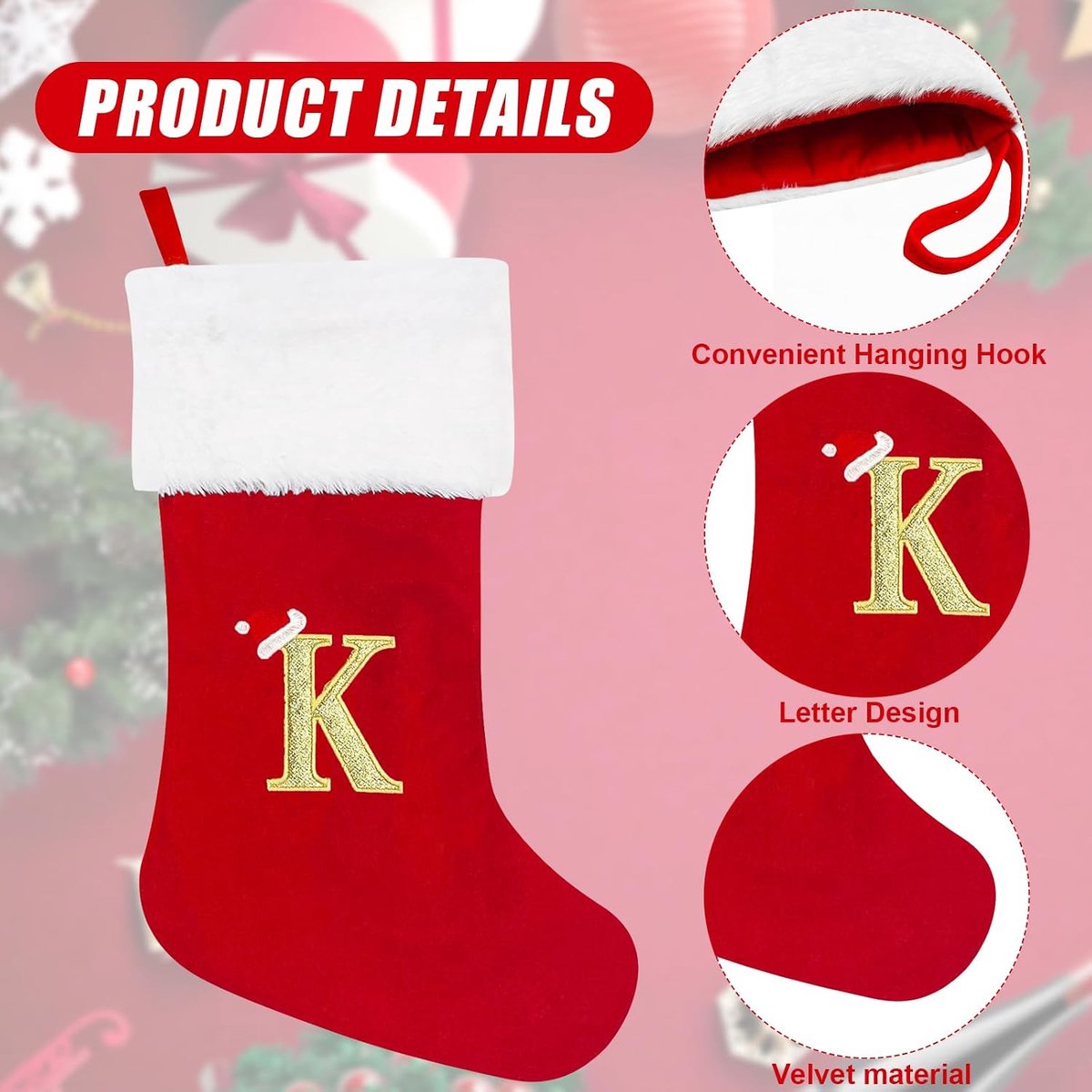 Kousen, 50 cm, gepersonaliseerde kerstkous met brief, groot monogram, rode kerstkousen met naamplaatje, pluche hangende kousen, geschenken, sok voor kerstdecoratie, boomvakantie-ornament (K)