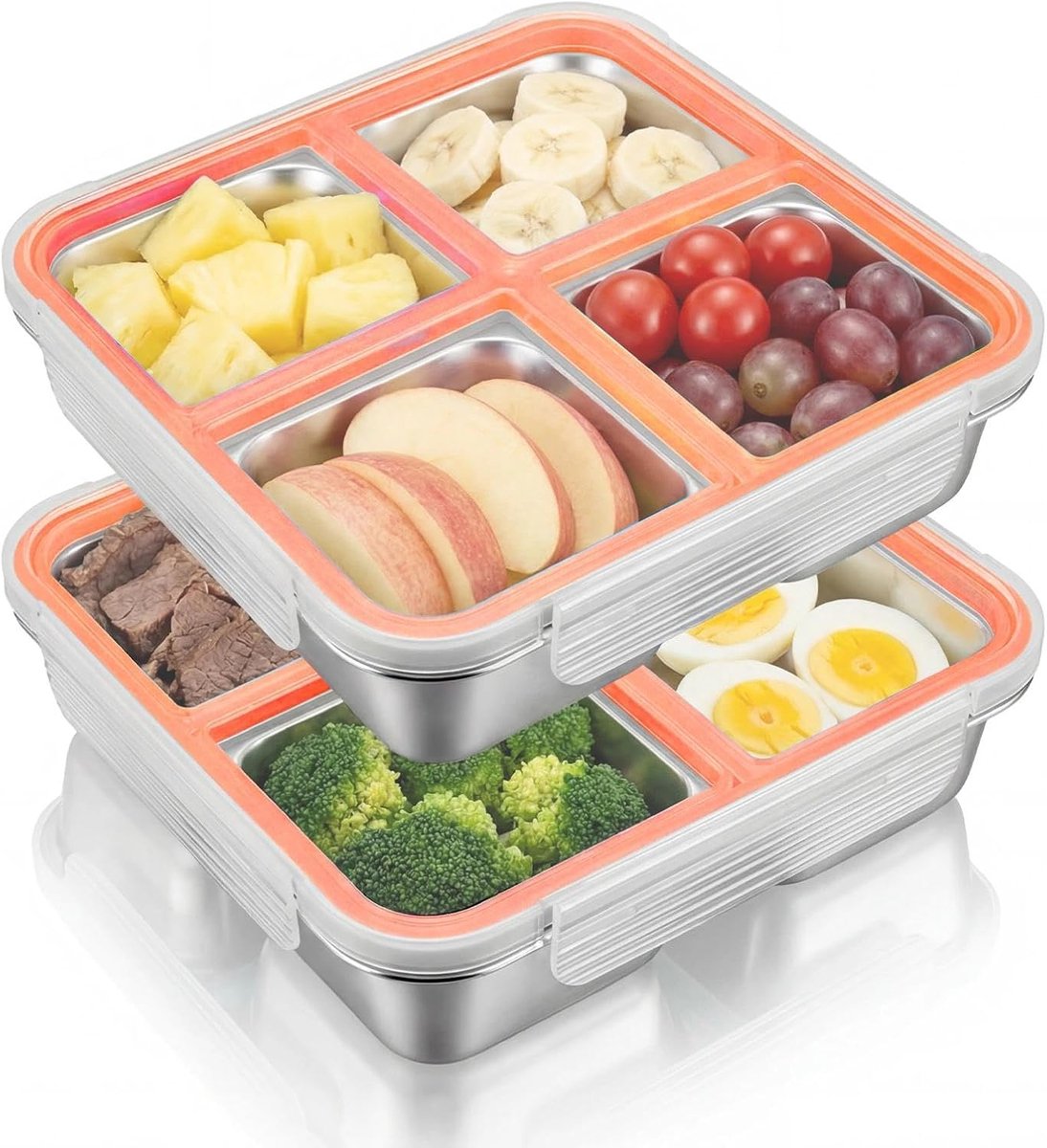 2 stuks snackbox met 4 compartimenten, herbruikbare roestvrijstalen lunchboxen voor kinderen en volwassenen, bento-lunchbox, lekvrije metalen voedselcontainers met deksels voor thuis, werk