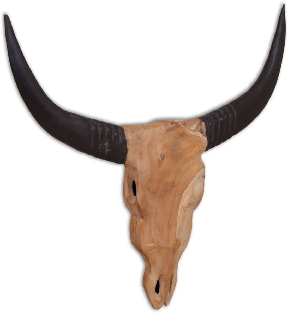Stierkop sculptuur van teakhout, decoratieve wanddecoratie voor woonkamer, rustieke wandsculptuur met hoorns, handgemaakt dierenfiguur, 69 x 60 cm