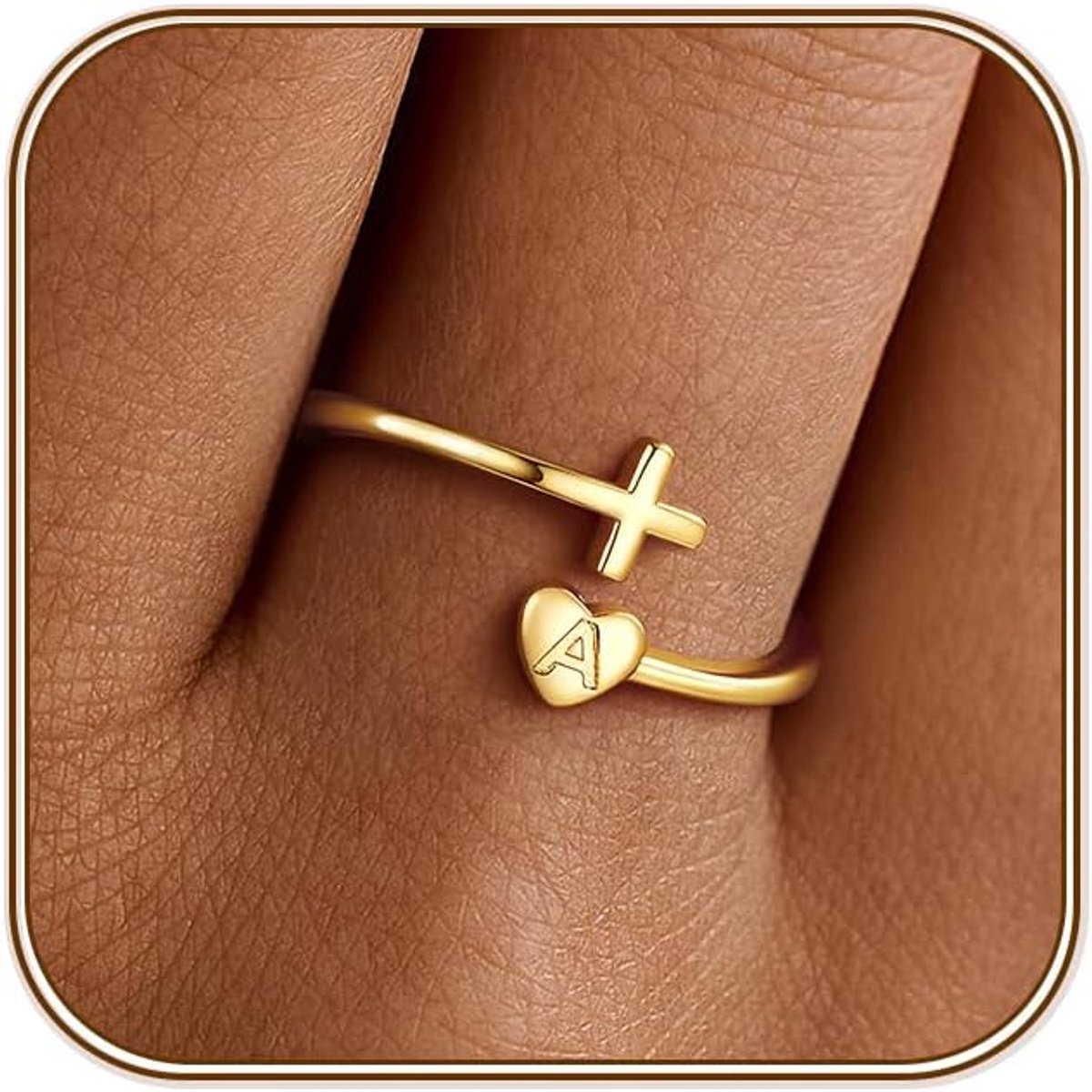 Ringen goud voor dames en meisjes, 14K verguld, waterdicht, hartringen met letters, kruis, stapelbaar, belofte, duimring, verstelbare ringen, geschenken voor vrouwen, tieners en meisjes