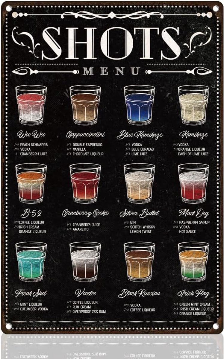 Shots Menu Retro Muur Decor Metalen Tinnen Bord 20 cm x 30 cm Beer Vintage Wall Art Poster voor Thuis Bars Cafes Keukens Garages of Restaurants Decor