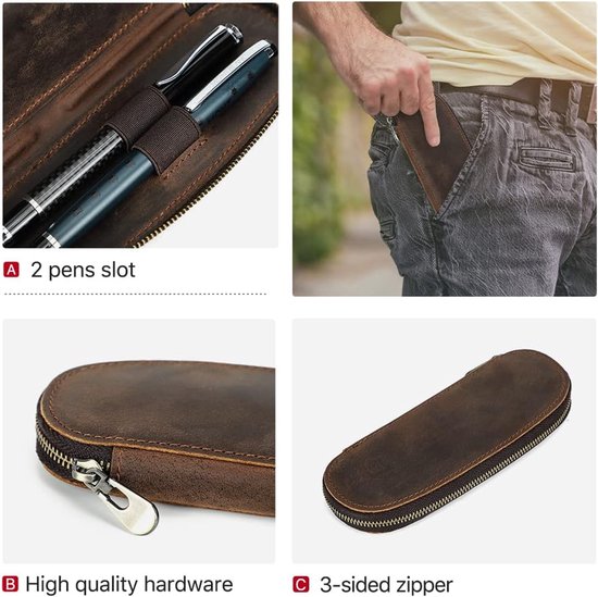 FAMILY Lederen pennenetui met 2 sleuven, briefpapier etui voor 2 pennen, ovaal lederen vulpenetui (koffiebruin), Koffie, Vintage — afbeelding 2