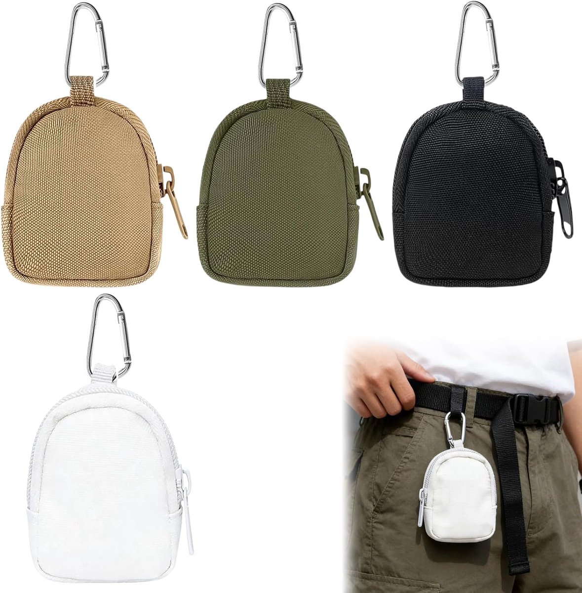 Set van 4 canvas muntzakjes met ritssluiting, mini sleuteletui in zwart, wit, geel en legergroen, compact opbergzakje met clip voor reizen, wandelen en dagelijks gebruik