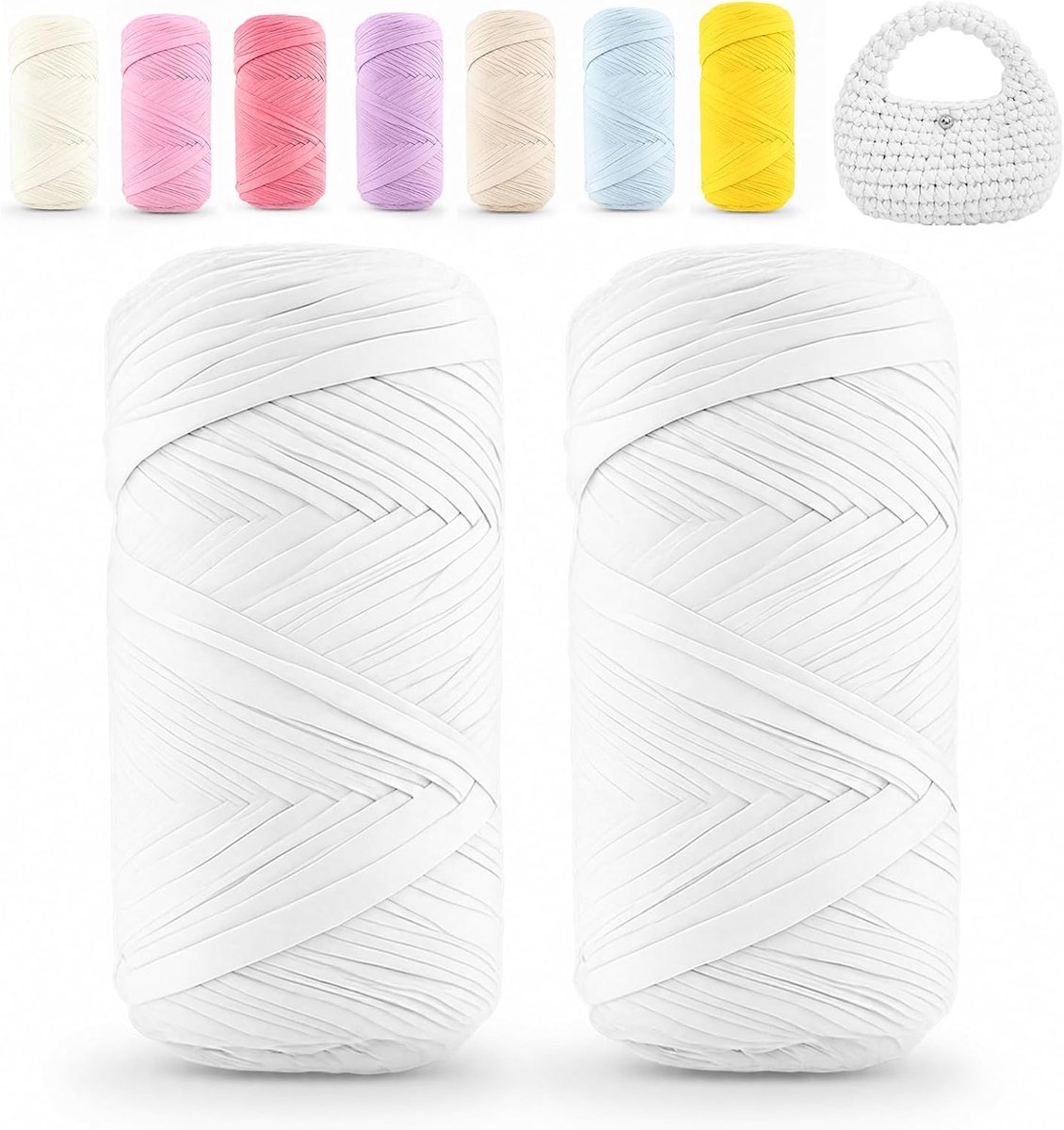 2 stuks T-shirt-garen, textielgaren om te haken, per rol, 200 g, textielgaren, lintgaren voor doe-het-zelf handwerk, woondecoratie, tassen, manden, deken (wit)