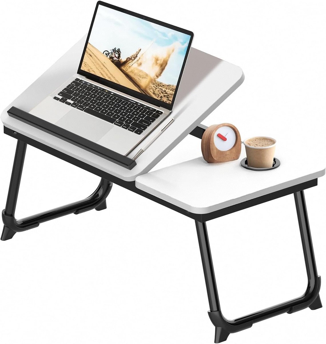 Laptoptafel, in hoogte verstelbaar, 57 x 33 x 28 cm, beddienblad met antislipstrepen en bekerslot, laptoptafel voor bank, werk, bed, studeren, lezen, schrijven (warmwit)