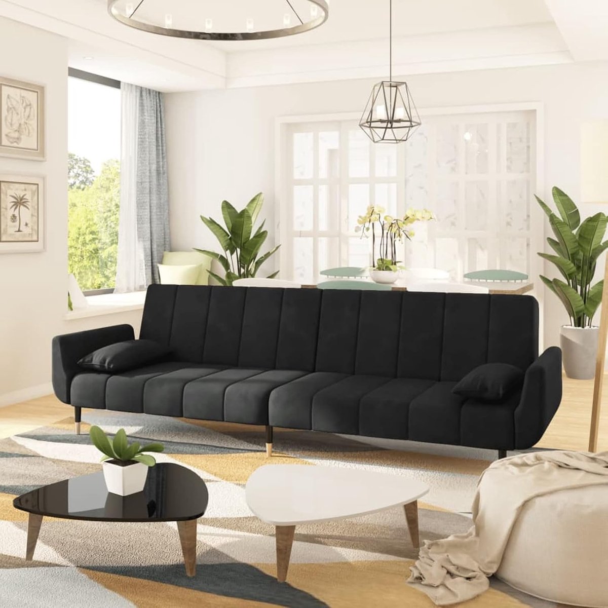 2-zits slaapbank met twee kussens, tweepersoonsbed met verstelbare rugleuning, bank, cabrio, moderne bank, voor woonkamer, kantoor, fluweel, zwart