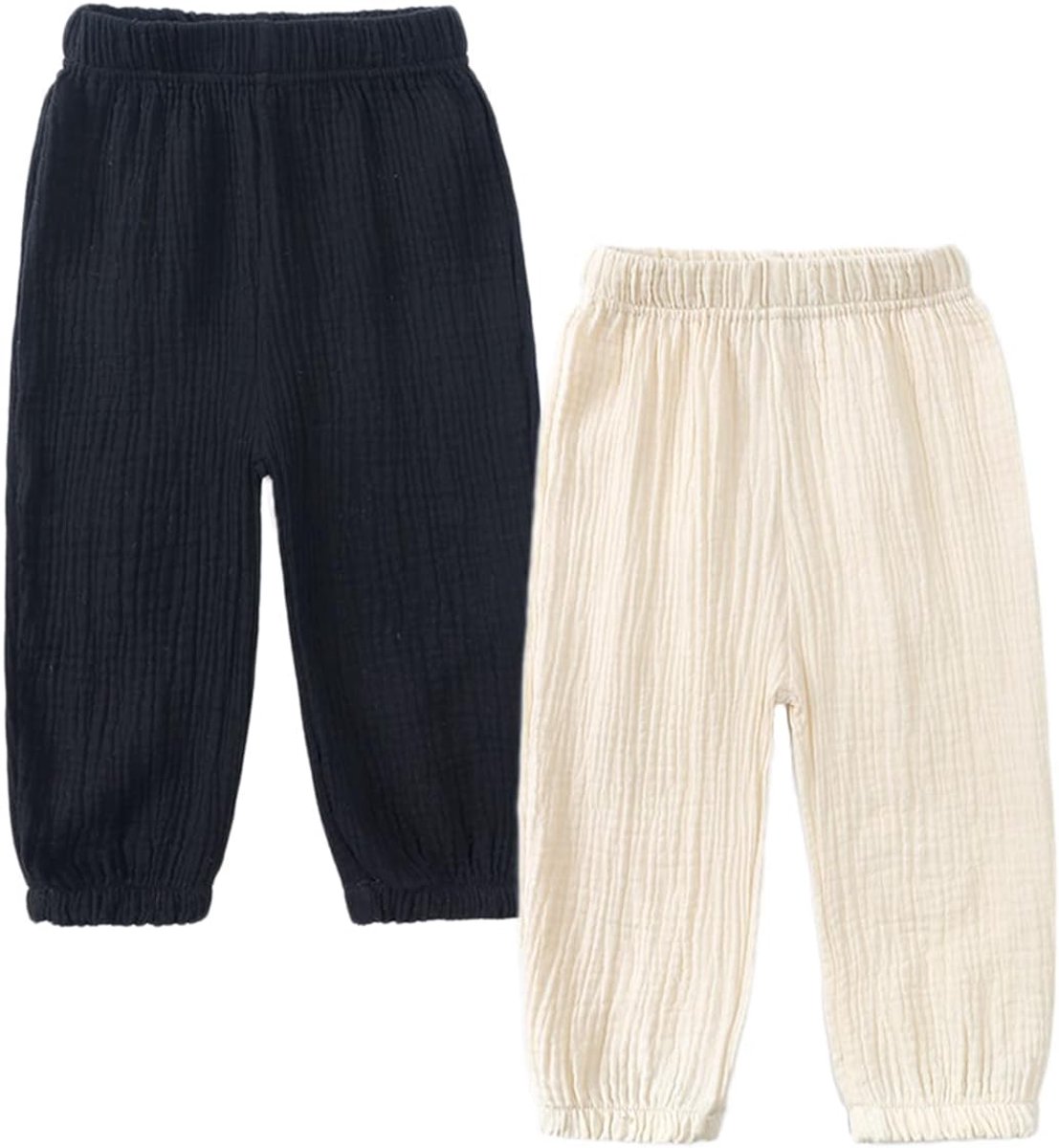 Set van 2 uniseks pompbroek voor baby's en kinderen, katoenen linnen broek, lichte ademende anti-muggen joggingbroek, casual broek, zwart/wit, 90 cm
