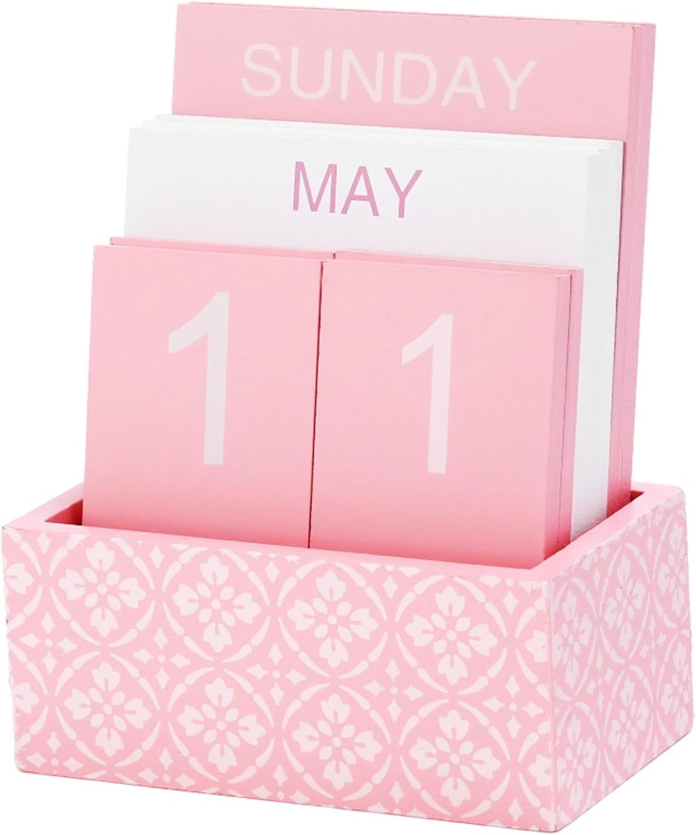 eeuwigdurende kalender met roze strik, bureaukalender 2026, elegante tafeldecoratie, datumweergave, week maand, cadeau voor dames, kantoor, thuis