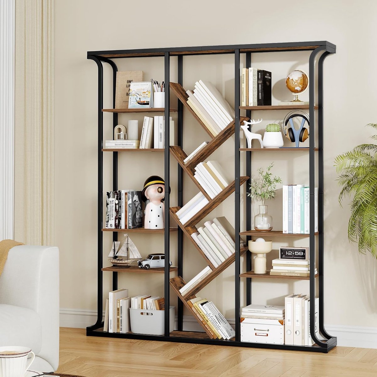Boekenkast, 3 kolommen, 6 niveaus, boomvormige boekenkast, 17 vakken, open onafhankelijke planken, voor thuiskantoor, slaapkamer, woonkamer, 24 x 156 x 180 cm, vintage bruin-zwart, BC53201B
