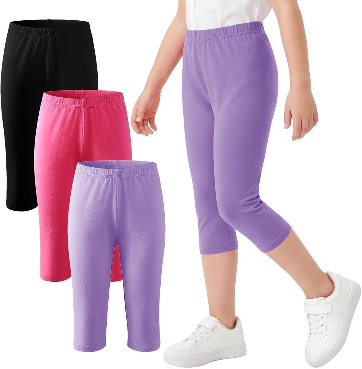 Leggings Voor Meisjes Katoen 3-Pack Capri-Broeken Eenkleurig Capri-Legging 3/4 Stretchbroek Met Elastische Tailleband Fietsbroek Sportbroek Vrijetijdsbroek Outdoor Voor Kinderen Maat 116-158
