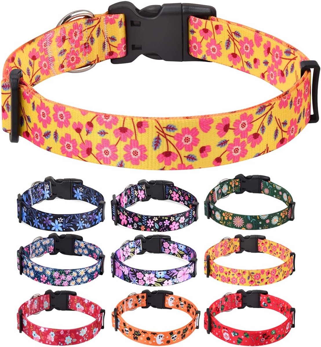 Hondenhalsbanden met bloemenprint, zachte, comfortabele verstelbare halsbanden voor kleine, middelgrote en grote honden, bloemenpatroon voor meisjes en honden (gele bloemen, L)