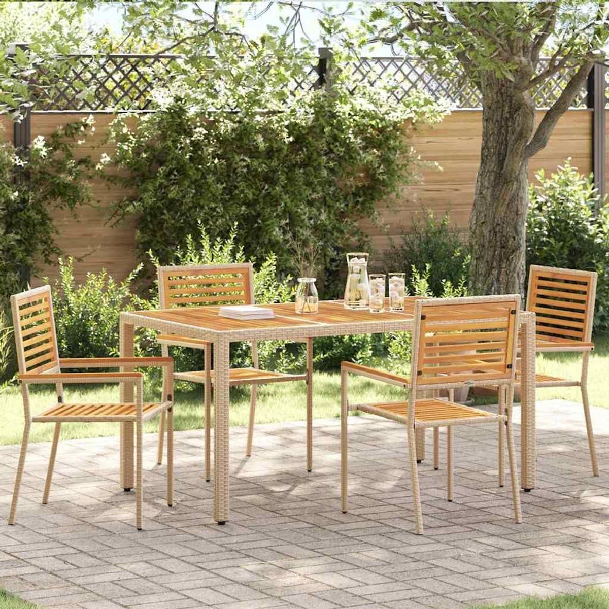 Stapelstoelen, 4 stuks, bruin, beige, outdoor, tuinmeubelen, stalen frame, acaciahout, armleuningen