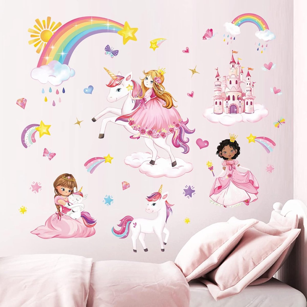 Wandsticker Prinses Eenhoorn - Muurdecoratie - Kasteel en Regenboog - Voor Kinderkamer Meisjes
