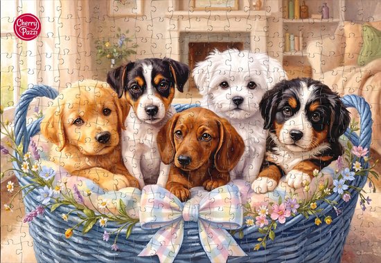 Een ingelijste puzzel met 5 puppy's van verschillende rassen in een blauw mandje, versierd met bloemen.