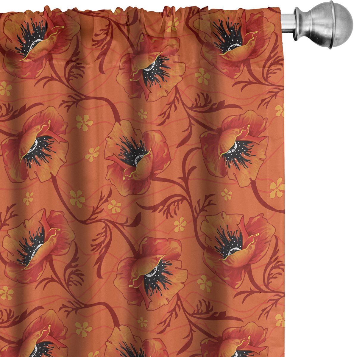 ABAKUHAUS Oranje Raamgordijnen, Klaprozen-Bloemen Romantiek, Lichtgewicht decoratieve 2-delige set met roedezak, 2 stuks 75 cm B x 225 cm L, Gebrand Oranje Geel