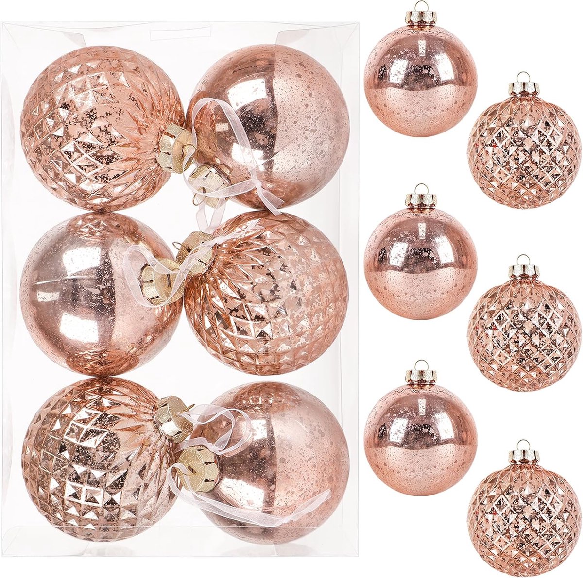 Kerstballen ø 10 CM - 6 Stuks Grote Kerstboomballen van Kunststof Breukvast Ornamenten Kerstboomversiering RoséGoud,XL Kerstdecoratieballen Kerstboomversiering Kerst met Ophanghaakje