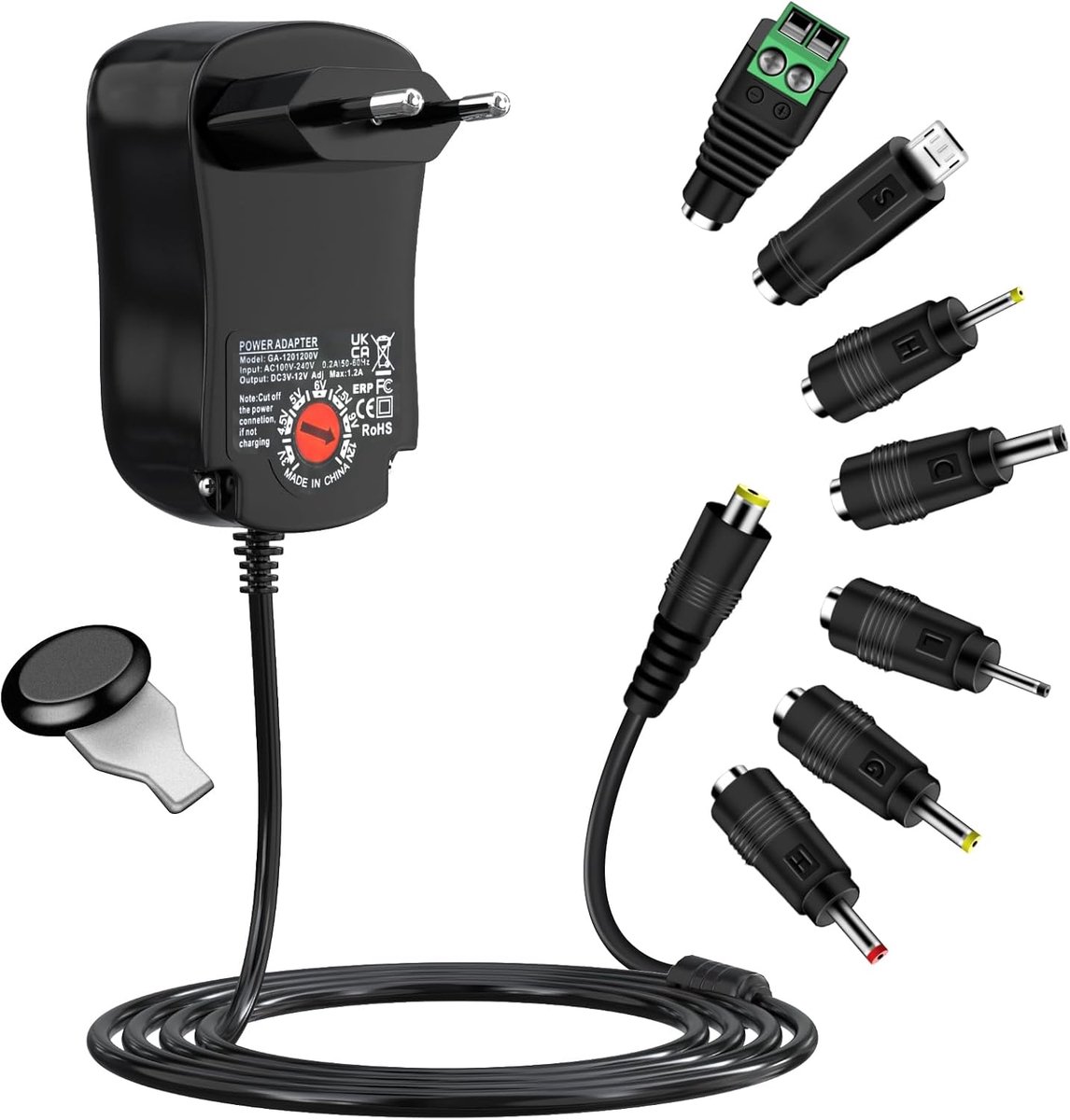Voeding 3-12 V, cshare 12 W AC naar DC, 3 V, 4,5 V, 5 V, 6 V, 7,5 V, 9 V, 12 V, 1 A, 1,2 A, schakelvoeding, adapter schakelende voeding met 7 tips voor 3 V tot 12 V huishoudelijke