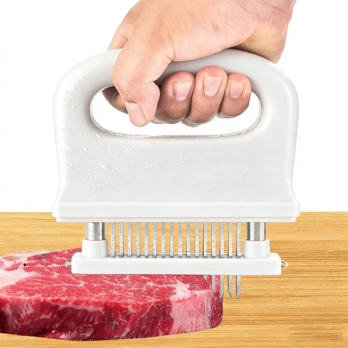 Vleesklopper van roestvrij staal, 48 naalden, meat tenderizer, zachtmaker, met handvat, steaker, vleesmaker, zwart, koteletklopper voor het zacht maken van rundvlees, kip, koteletten en vlees (wit)