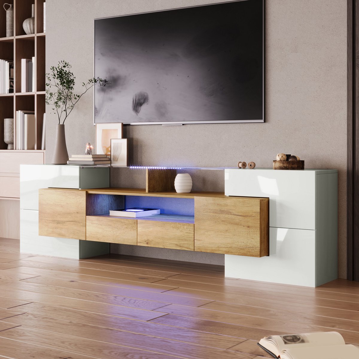 tv meubel 200 cm Hoogglans Wit met LED Verlichting, 6 Deuren, 2 Lades en 3 Open Vakken, TV kast voor Woonkamer