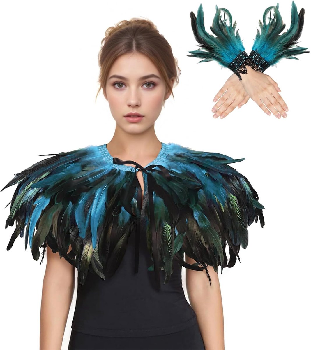 Veerkraag met 1 paar veermanchetten, Maleficent-kostuum voor dames, gothic veer, oksels, raven, pauwenkostuum voor dames, voor Halloween cosplay
