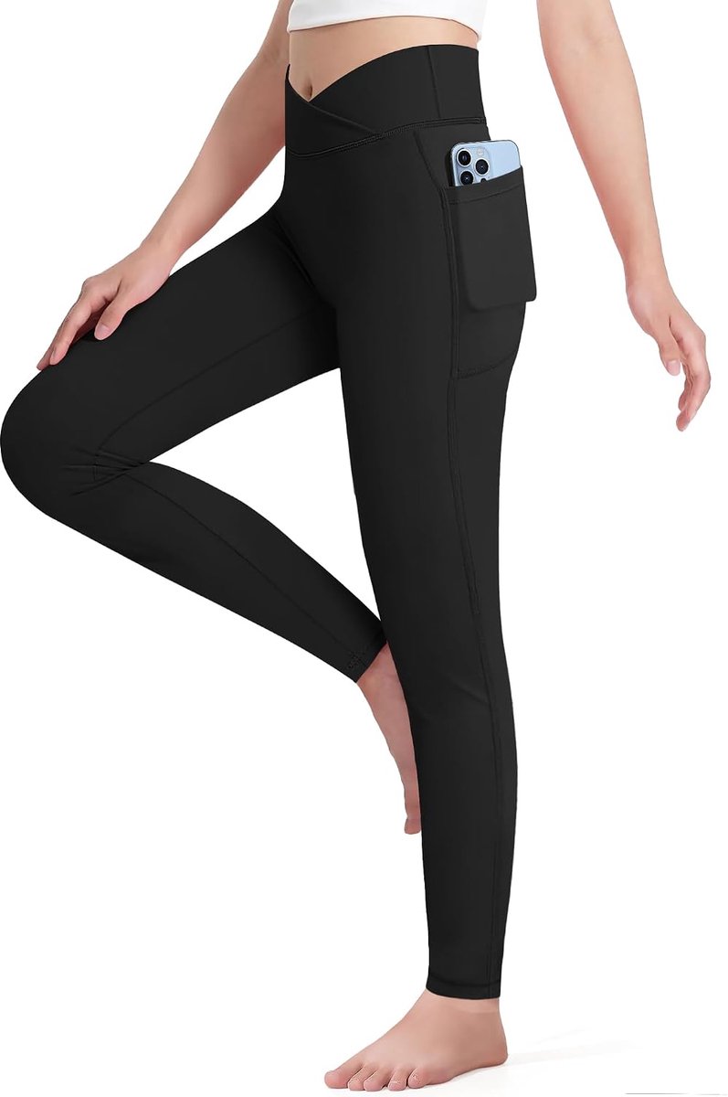 Leggings V Kruis Hoge Taille Met Zakken 7-14 Jaar Sport Dans Joggers Leggings Yoga Broek Zwart