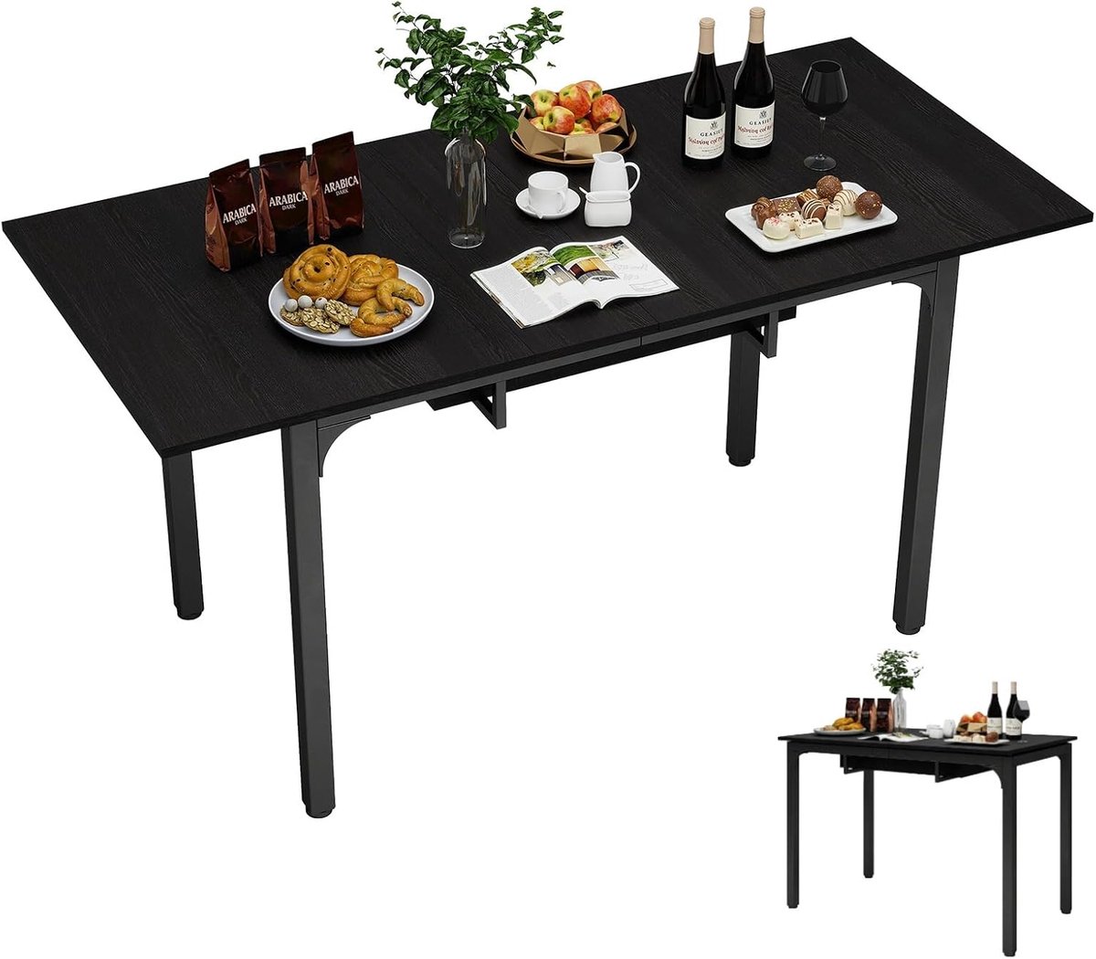 Eetkamertafel, uittrekbaar, 110-149 cm, van hout, met opslag, keukentafel van hout met verlenging, voor 4-6 personen, robuust metalen frame, kleine ruimte, zwart
